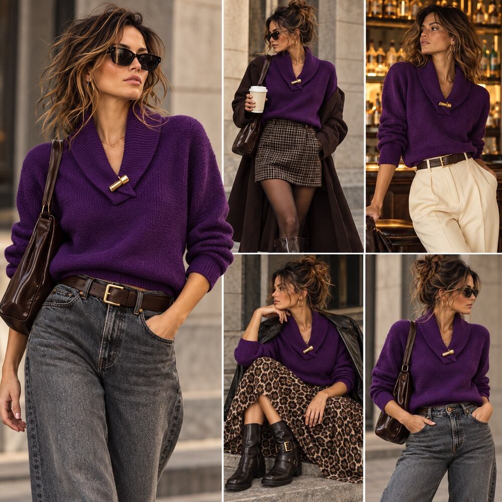 Lauren Ralph Lauren Petite Medium Purple 100% Cotton Shawl Collar Toggle Sweater